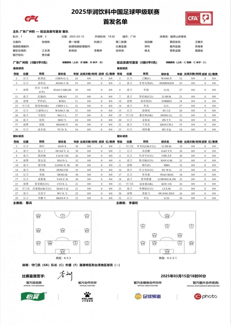 廣州豹vs延邊龍鼎首發(fā)：卡洛斯、羅薩、尼康三外援領(lǐng)銜廣州豹
