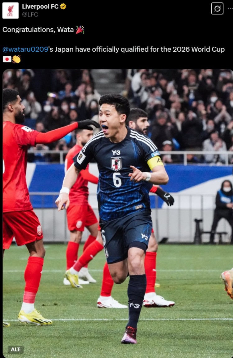 利物浦官推曬遠(yuǎn)藤航照片，祝賀其隨日本隊(duì)提前晉級(jí)世界杯